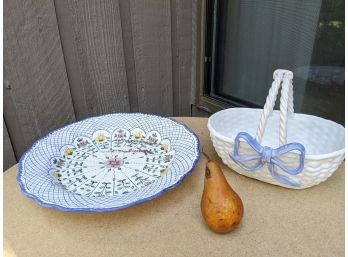Two Hand Painted Portuguese Stoneware One Basket And One Serving Plater