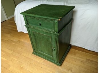 Vintage Green Pine Side Table With One Drawer Over Cabinet