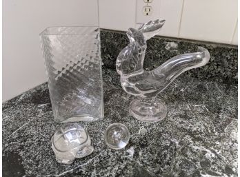 Grouping Of 4 Glass Pieces Featuring A Turtle, Roster, Paper Weight And A Vase