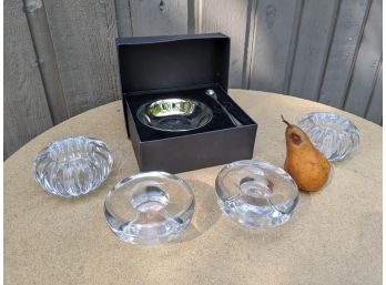 Dansk Lot With Four Crystal Candle Holders And A Boxed Plate And Spoon Set