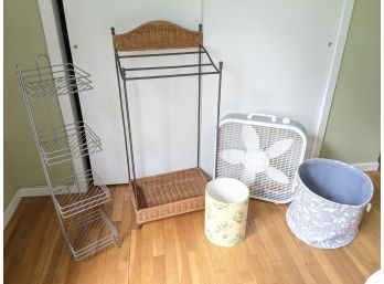 Grouping Of Items Including A Blanket Rack, Small Shelf, Box Fan And Bins