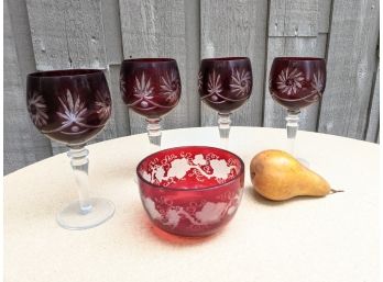 4 Red Cut Crystal Glasses And Bowl