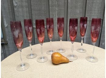 8 Red Fluted Champaign Glasses Grape Motif