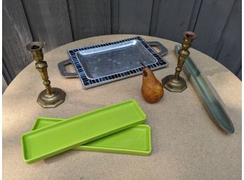 Grouping Of Six Pieces Including Serveware And A Pair Of Brass Candle Holders