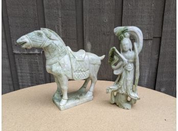 Vintage Chinese Jade Horse And Stature Of A Lady