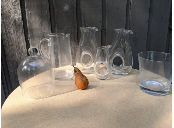 Grouping Of 6 Pieces Of Glass Decanters Bell Jar And Bucket