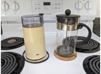 Grouping Of A Braun Coffee Grinder And A Bodum French Press