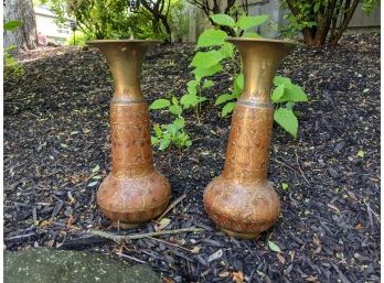 A Pair Of Brass Vases From India #1