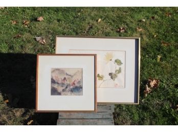 Pair Vintage Asian Watercolor Prints, Signed Toshi