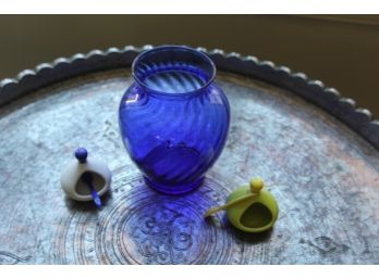 Vintage Salt Wells And Blue Glass Vase