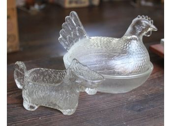 Vintage Glass Hen On Nest And Dog