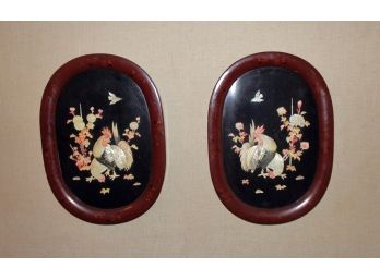 Pair Vintage Rooster Lacquer Wall Art
