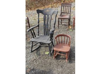 Antique Handpainted Rocker And Child's Rocking Chair