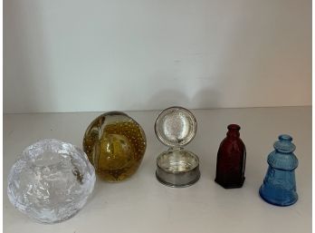 A Collection Of Small Bottles, Paperweight, Keepsake & Candle Holder