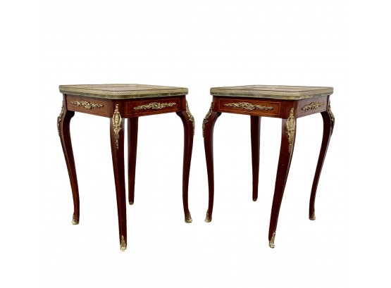 Pair Antique French Louis XV Style Marble Top Side Tables