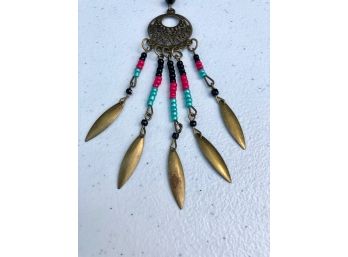 Tribal Influence Brass & Beaded Pendant Necklace
