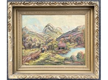 Vintage Heavy Paint Original Art Of Cabin In Mountain