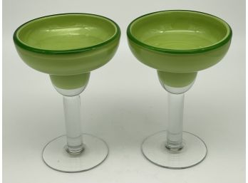 Pair Of Green Heavy Glass Margarita Glasses