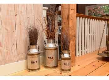 Set Of Three Galvanized Metal Rustic Milk Cans With Tree Branches