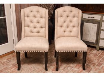 Pair Of Furniture Of America Tufted Upholstered Wing Back Chairs With Nail Stud Trim