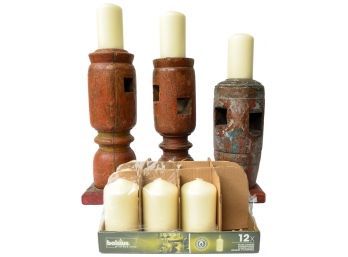 Set Of Three Charpoi Wood Candle Stands And Extra Candles