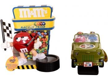 Set Of Two Candy Dispensers - Nascar Racing Team And Military Vehicle