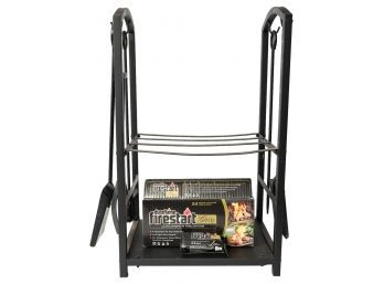 Metal Fireplace Log Holder With Four Tools On Hooks And Box Of Duraflame Firelighters