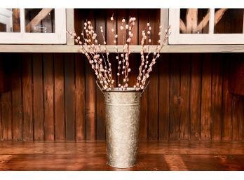 Galvanized Metal Floral Vase With Faux Pussy Willow Stems