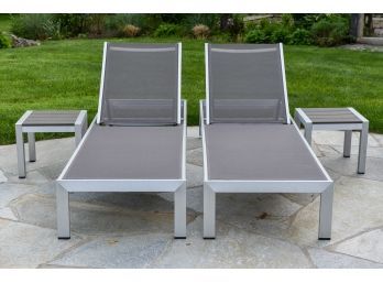 Pair Of Brushed Aluminum And Mesh Lounge Chairs And Matching Side Tables (1 Of 2)