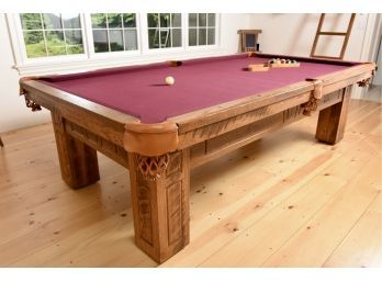 Karl Sloezen Custom Carved Tiger Oak Billiard Pool Table And Accessories (READ DESCRIPTION