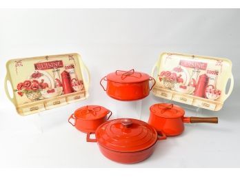 Collection Of Dansk Enamel Cookware, Pair Of Serving Trays And More