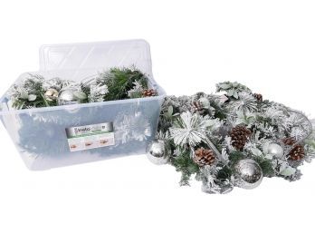 Pair Of Snowy Garland Strands With Silver Balls And Pinecones