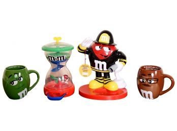 Pair Of M&M Coffee Mugs And Set Of Two M&M Candy Dispensers (Fireman And Rotating)