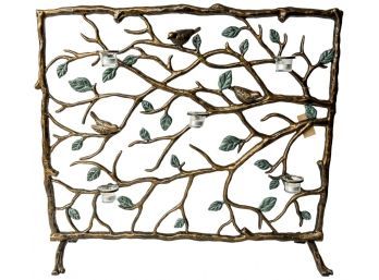 SPI Home Antique Gold Bird Branch Iron Fireplace Screen With Five Candle Holders