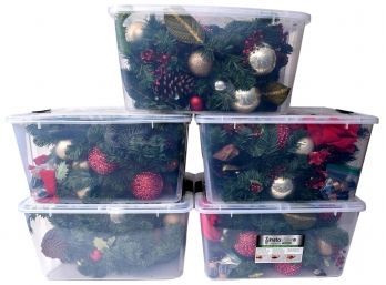 Set Of Five Battery Powered Decorated LED Christmas Garlands With Remotes In Storage Bins