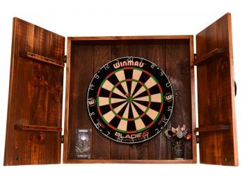 Winmau Dual Core Blade 5 Dart Board Set In Wood Storage Cabinet