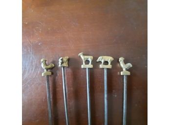 This Is A 5 Piece Lot Of Vintage Shish Kabob Skewers With Brass Animals On The Ends. #8
