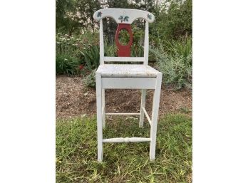 Tall High High Chair With Rush Canned Seat Painted White With Holiday Motif
