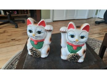 Pair Of 7' Ceramic Asian Good Luck Kitty Cat Banks Mirror Image Excellent Condition #19