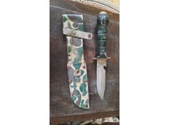Vintage 11' Camo Fixed Blade Tactical Bowie Hunting Knife With A 6' Blade In A Camo Sheath.#46