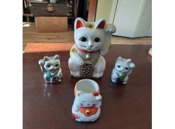 Lot Of 3 Asian Ceramic Good Luck Cat Banks With One Cat Creamer #5
