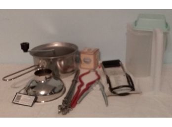 Lot Of Kitchen Items Tupperware Pickel Canister,, Strainer, Funnel, Canning Jar Lifter, Tea Ball, Nutcracker