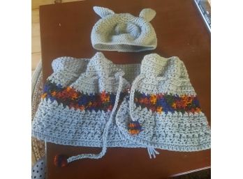Cute Hand Made Knit Child's Shawl & Matching Hat NEW Never Worn Made By Grandma #31