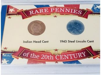 Rare Pennies Of The 20th Century 2 Coin Set 1902 & 1943 Steel Encased