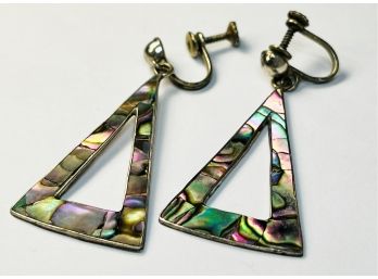Vintage Sterling Silver Abalone Shell Inlay Drop Earrings