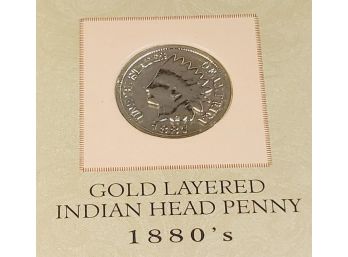 1887 Gold Layered Indian Head Penny In Folder With History