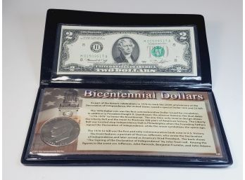 1976 Bicentennial UnCirculated $2 Dollar Bill And Kennedy Dollar Set In Folder