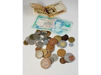 40 Plus Foreign Coin Lot With 2 Paper Notes