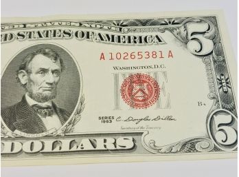 1963 Red Seal $5 Dollar Bill (61 Years Old)