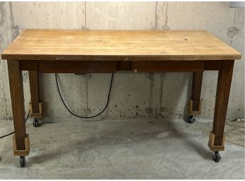Vintage Solid Wood Work Bench On Casters